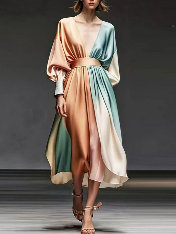 Orange V-neck Silk Print Midi Dress