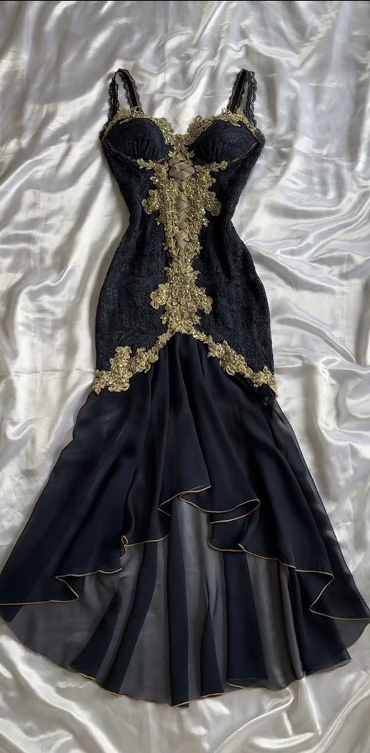 Stunning Mermaid Spaghetti Strap Golden Lace Black Chiffon Prom Dress Evening Dress SH2364