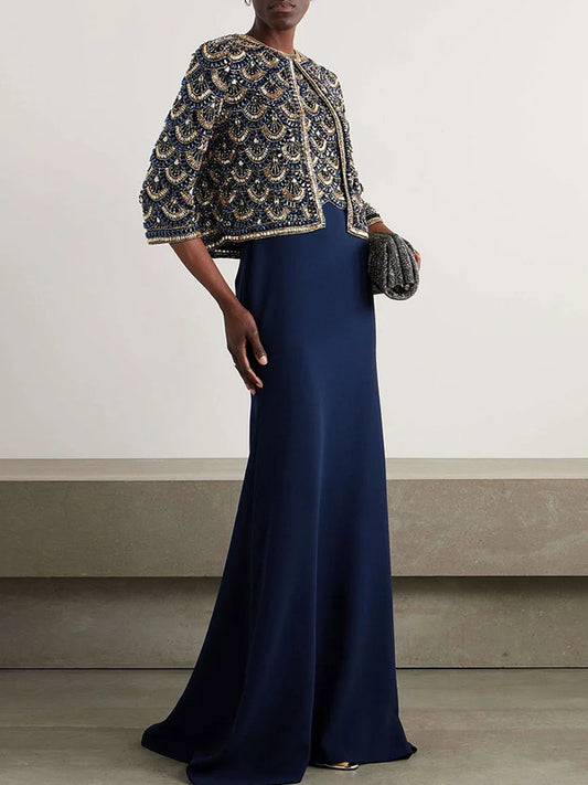 Crystal-Embellished Tulle Jacket and Crepe Gown Two-Piece Set