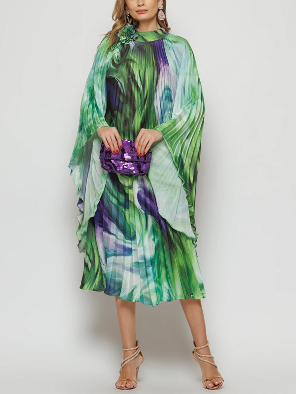 Pleated Elegant Chiffon Color Matching Ladies Dress