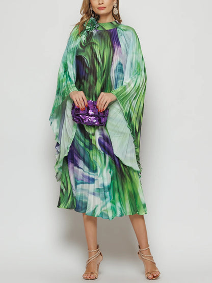 Pleated Elegant Chiffon Color Matching Ladies Dress