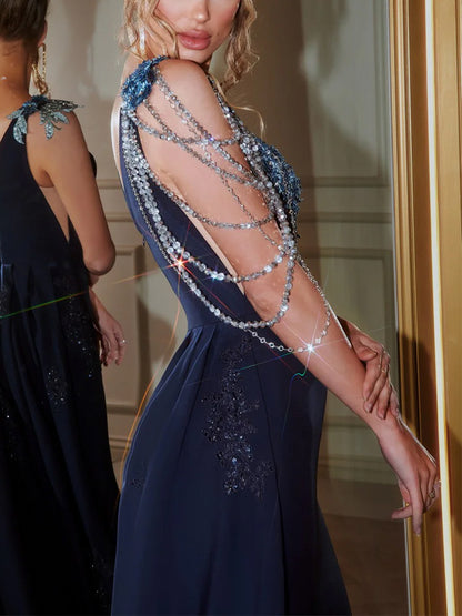 V-neck Solid Color With Diamonds Maxi Dress