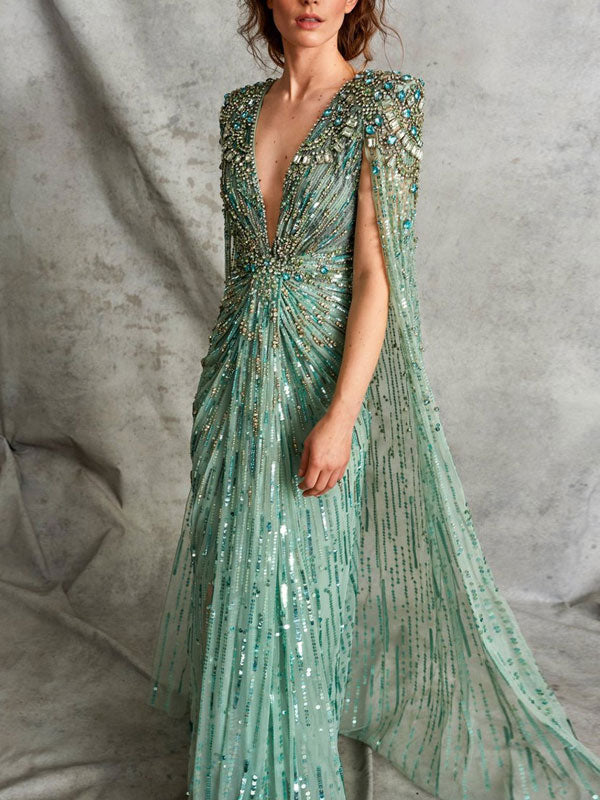 Deep V Beading Cape Sleeve Dress