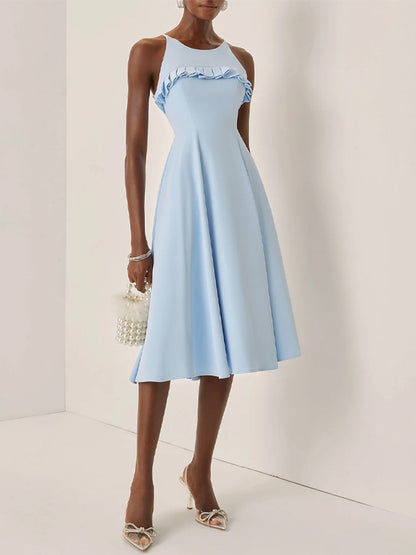 Light Blue Peplum Classic Spaghetti Sleeveless A-Line Midi Dress
