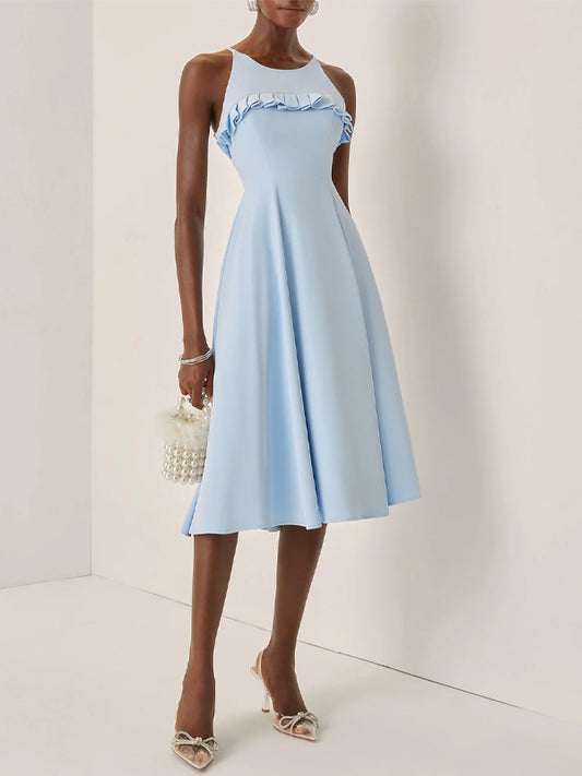 Light Blue Peplum Classic Spaghetti Sleeveless A-Line Midi Dress