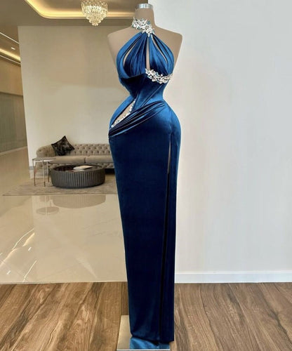 Blue beaded long satin mermaid fitted prom dress evening gown party dress gh4998
