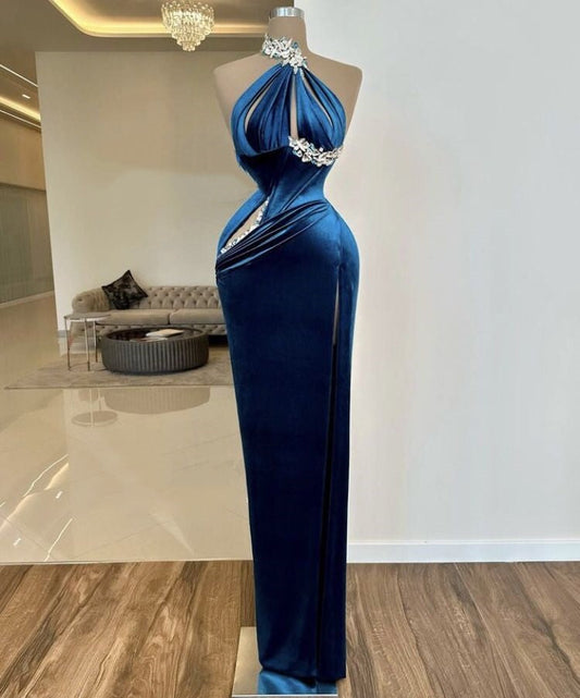 Blue beaded long satin mermaid fitted prom dress evening gown party dress gh4998