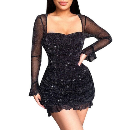 loveedsTM- Sheer Mesh Puff Sleeve Glitter Bodycon Dress