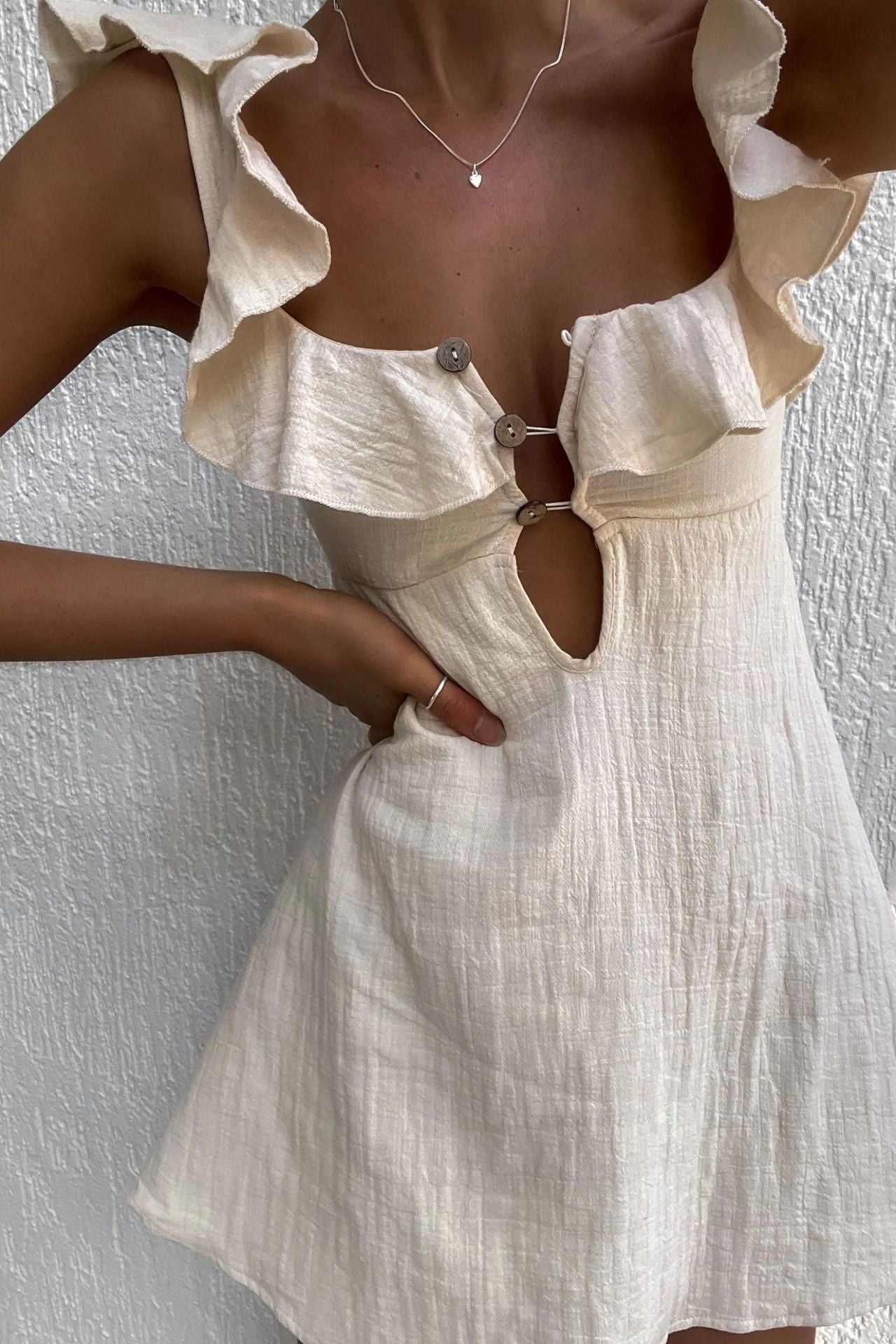 loveedsTM-Linen Blend Ruffle Cut Out Resort Mini Dress