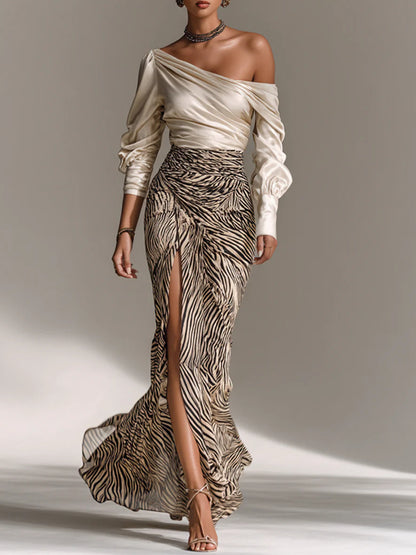 Off-the-shoulder Zebra Print Hip Skirt Women's Dress