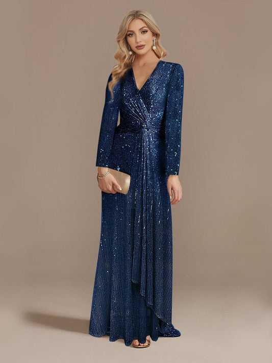 loveedsTM- Luxury Long Sleeve V-Neck Evening Dress Party Women Wedding Sequins For Female Guests Blue Prom Cocktail Dresses