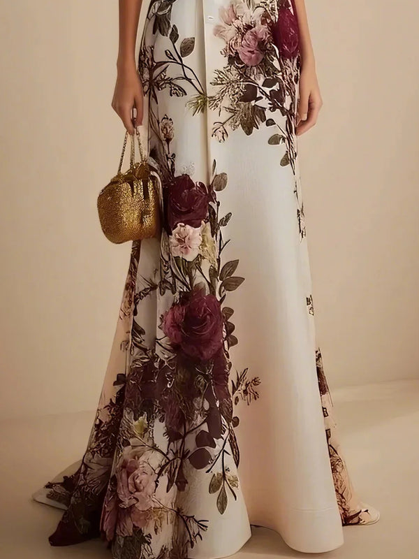 Wine Red Lace Floral Satin V Neck Short Sleeve A-Line Maxi Dress