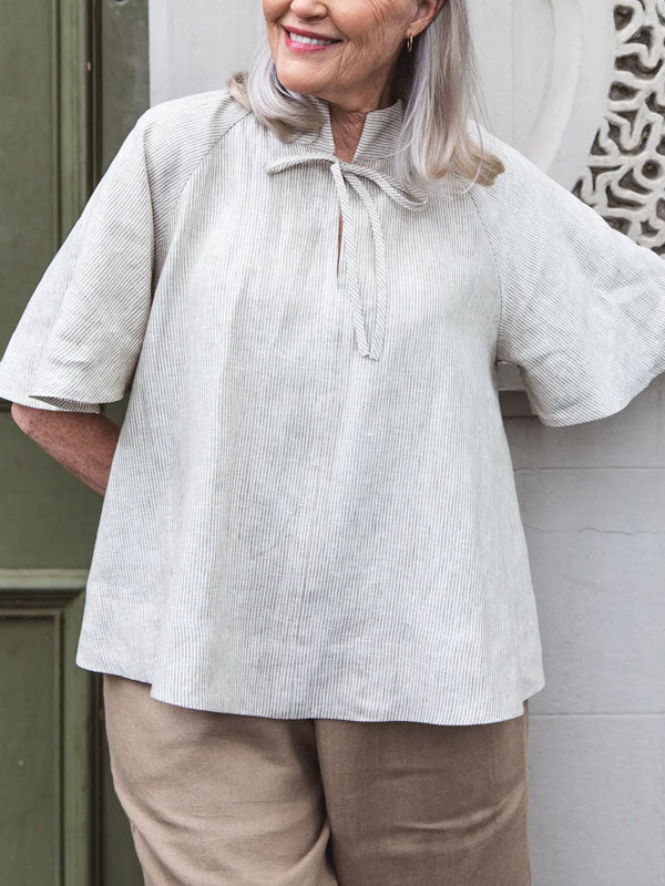 Lace-up Cotton and Linen Stripes Short Sleeves