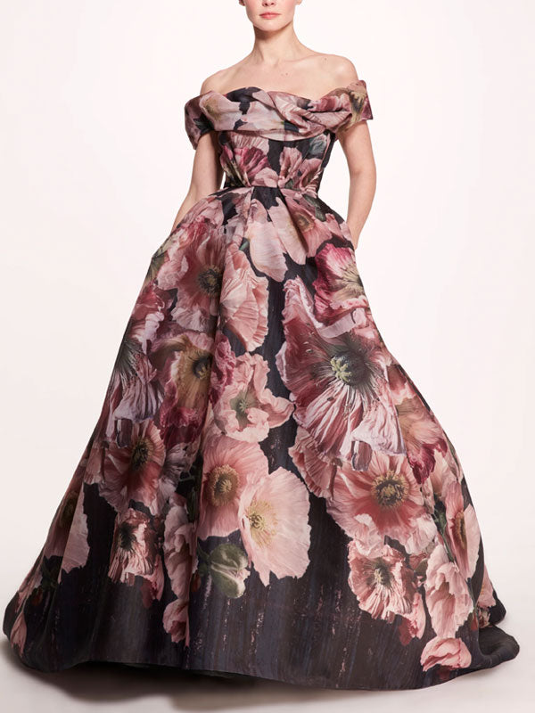 Off-the-shoulder Multi-color Printed Ball Gown