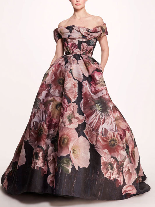 Off-the-shoulder Multi-color Printed Ball Gown