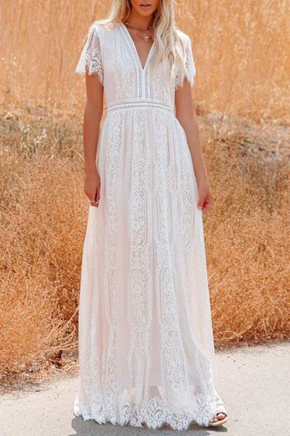 loveedsTM-Fashion Elegant Solid Lace Split Joint V Neck A Line Dresses