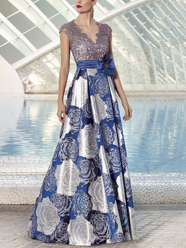 V-neck Lace Print Maxi Dress