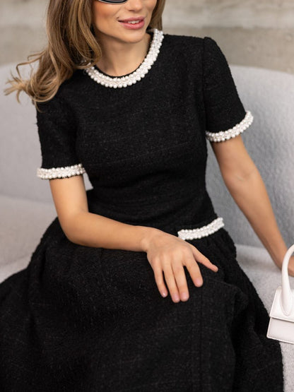 Tweed Pearl Puffy Skirt Midi Dress