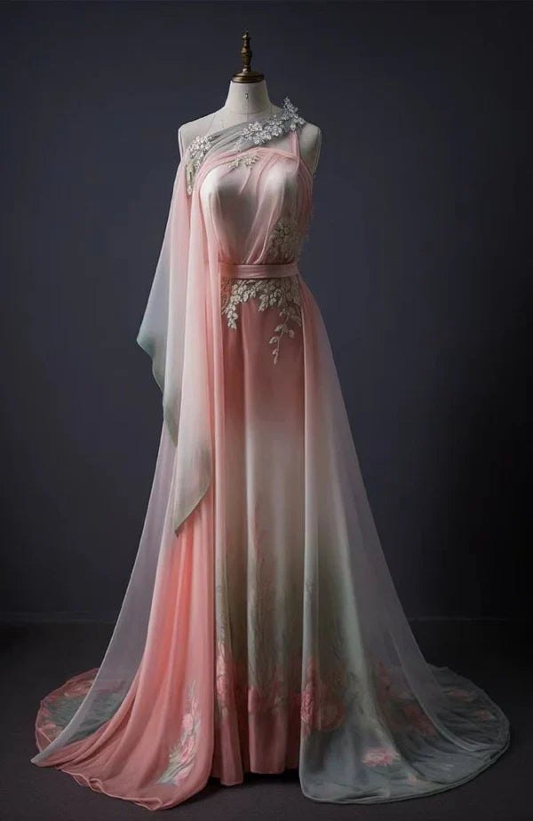 Pink gorgeous retro gradient fashion one shoulder elegant floral applique A-line long tulle floor-length evening dress prom dress gh3700