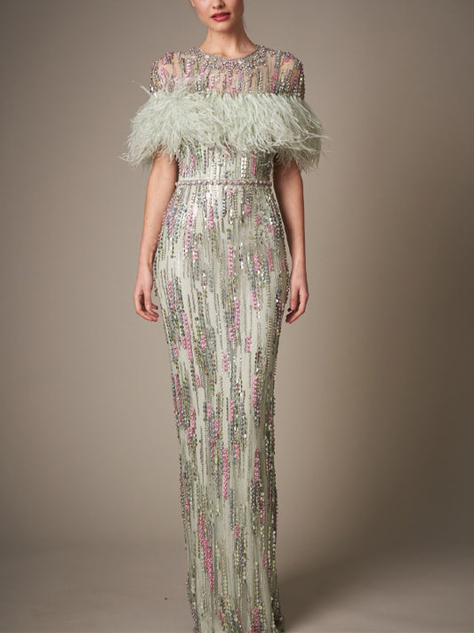 Round Neck Mesh Sequins Maxi Dress