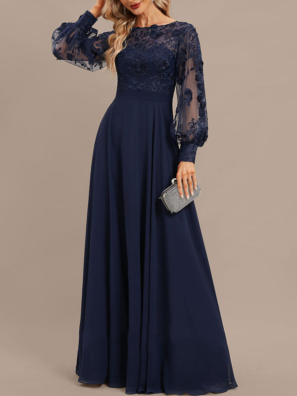 A-line Scoop Illusion Floor-Length Lace Chiffon Evening Dress