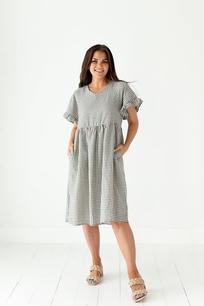 loveedsTM-Jenni Gingham Ruffle-Sleeve Dress in Light Grey
