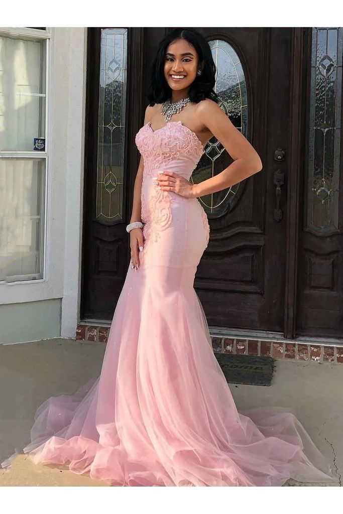 Classy Pink Sweetheart Sleeveless Lace Mermaid Prom Dresses with Train Evening Dresses Graduation Dress DP476