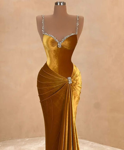 Gold Fashion Elegant Velvet Long Mermaid Slim Prom dress Evening Dress Party Dress gh4996