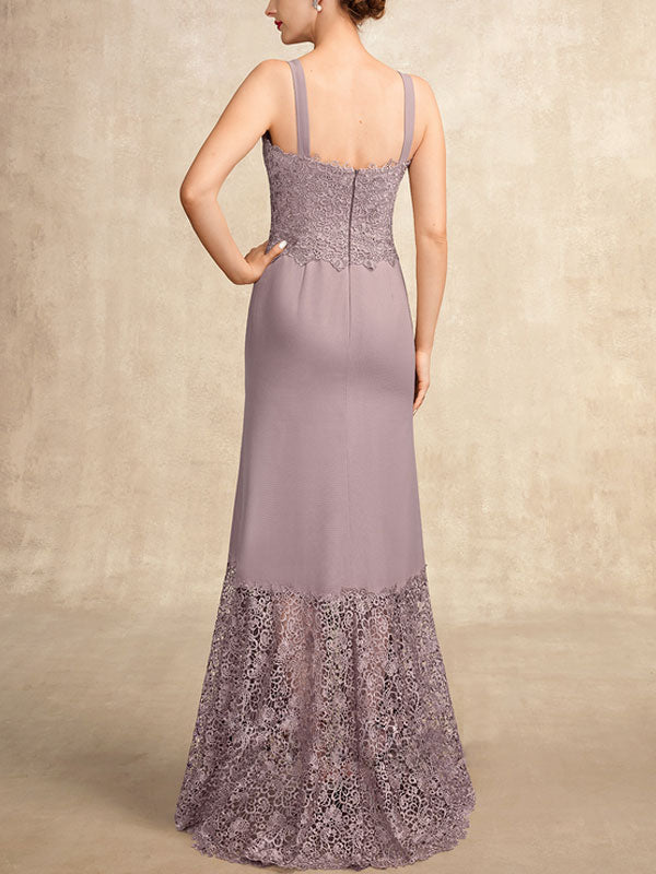 Trumpet/Mermaid Square Neckline Asymmetrical Chiffon Lace Mother of the Bride Dress