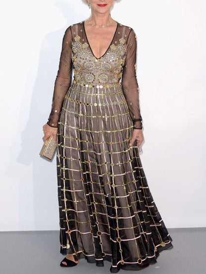 Temperament Gold Line Elegant Catwalk Ladies Dress