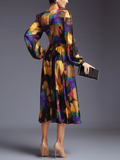 V-neck Colorful Print Midi Dress