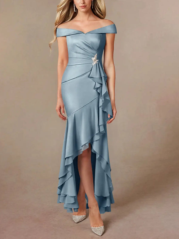 Dusty Blue Mermaid Off the Shoulder Stretch Satin Dress