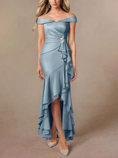 Dusty Blue Mermaid Off the Shoulder Stretch Satin Dress