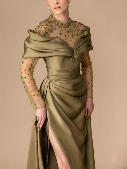 Round Neck Lace Long Sleeve Solid Color Maxi Dress