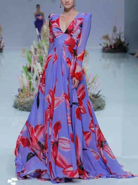 V-neck Chiffon Floral Catwalk Women's Dress