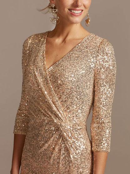 sequin 3/4 sleeve wrap front dress with twist