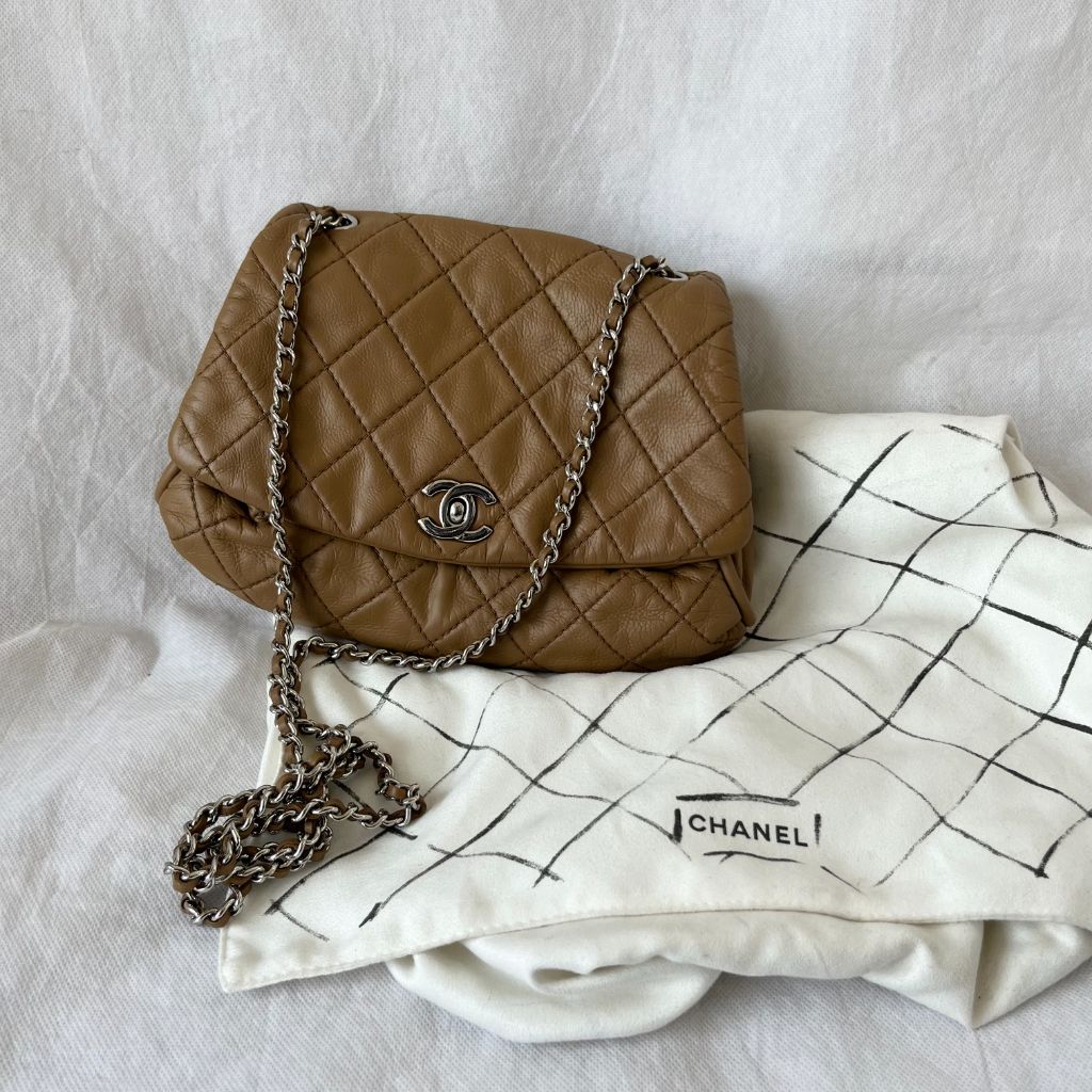 Chanel Tan Quilted Leather Flap Bag With Silver Hardware