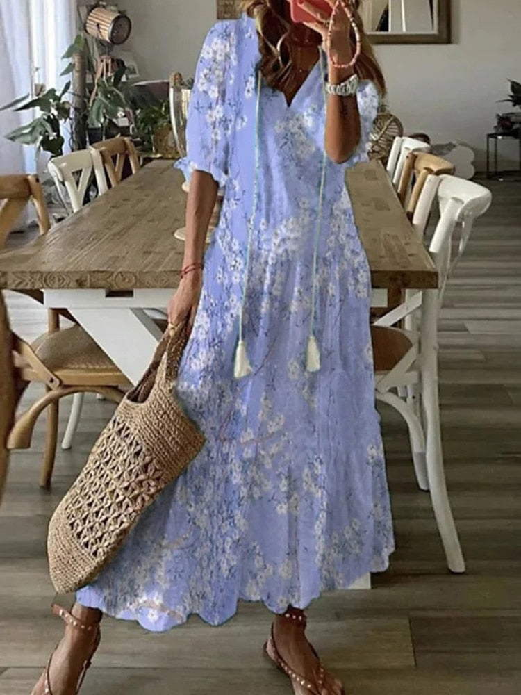 loveedsTM-Summer Fashion Floral Print Holiday Long Dress Casual Loose Drawstring Half Sleeve Dress Women V Neck Chic Ruffled Boho Dresses