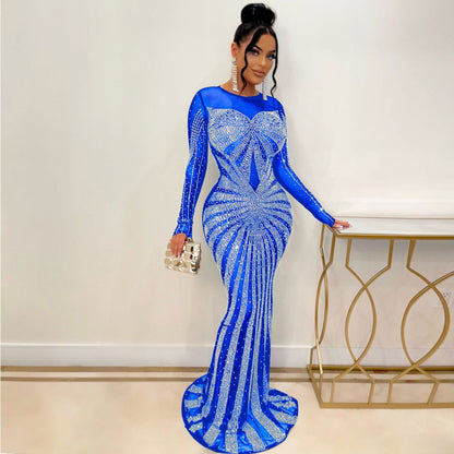 loveedsTM-Sexy Rhinestones Floor-length Evening Dresses Luxury Elegant Women's O-neck Long Sleeve See-through Mesh Night Club Long Dress