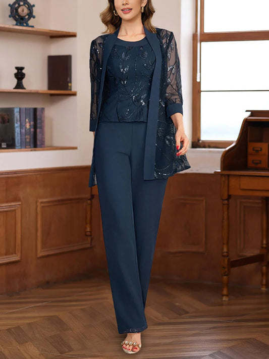 3 Pieces Chiffon Round Neck Floor-Length Mother of the Bride Pantsuits with Sequins