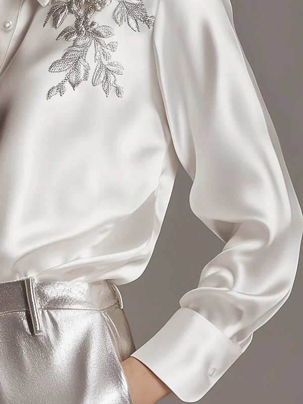 White Satin Blouse With Silver Plant Embroidery