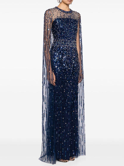 Crystal Cape Crew Neck Gown