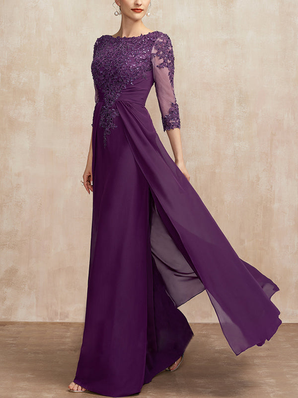Round Neck Lace Sequins Solid Color Maxi Dress