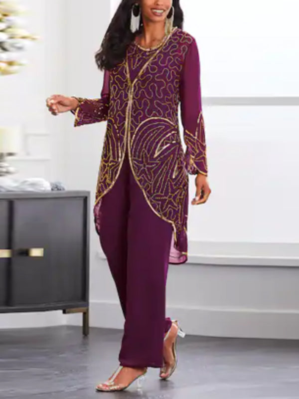 Printed Sequin Top Trousers Suit