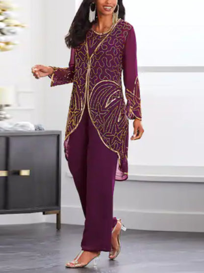 Printed Sequin Top Trousers Suit