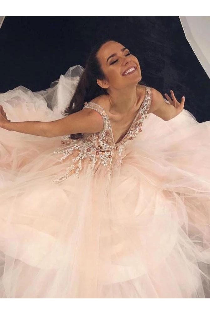 Light Pink V Neck Sleeveless Tulle Prom Dress with Flowers and Beads