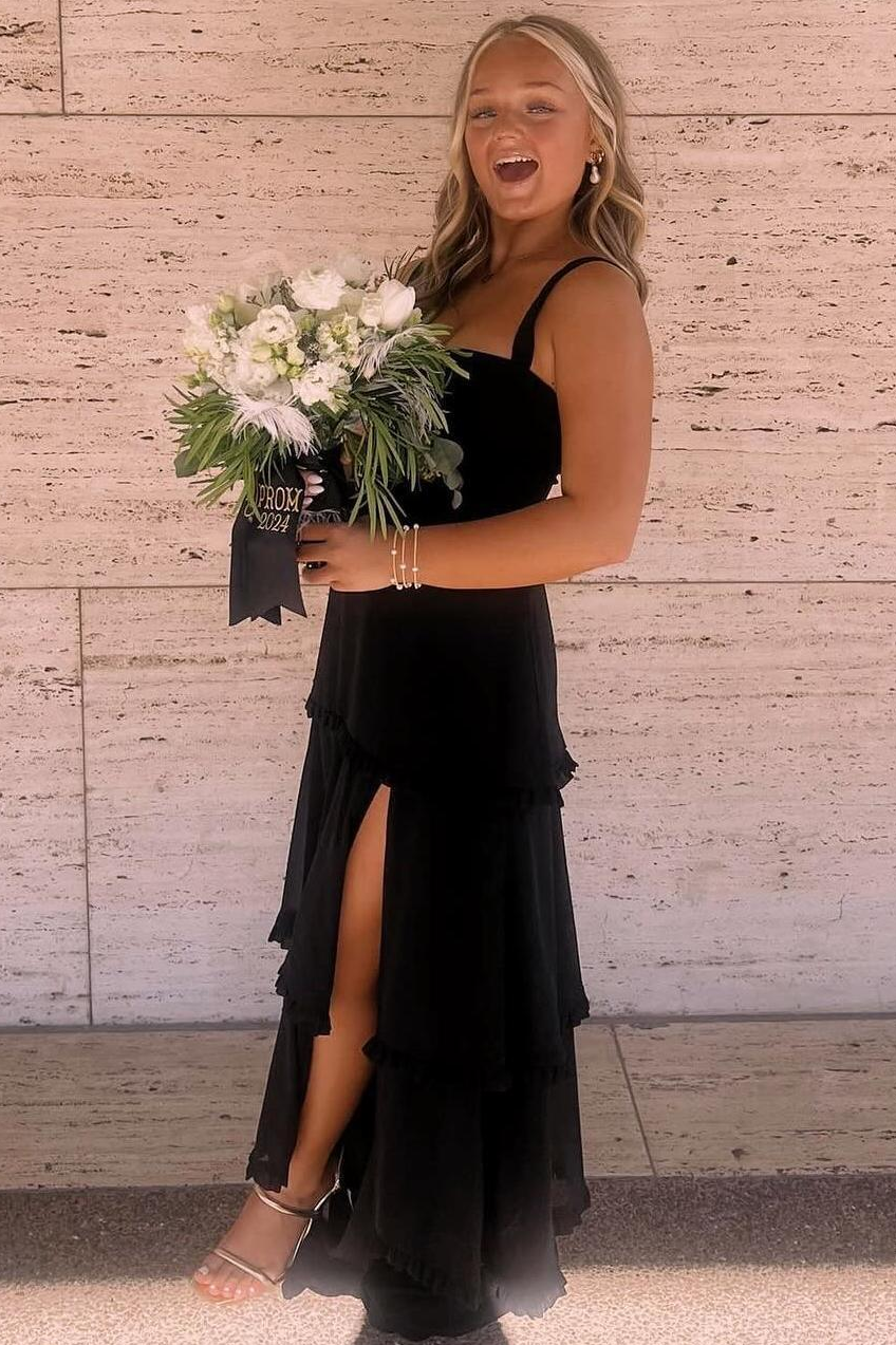 A-Line Straps Layered Satin Formal Prom Dress with Slit