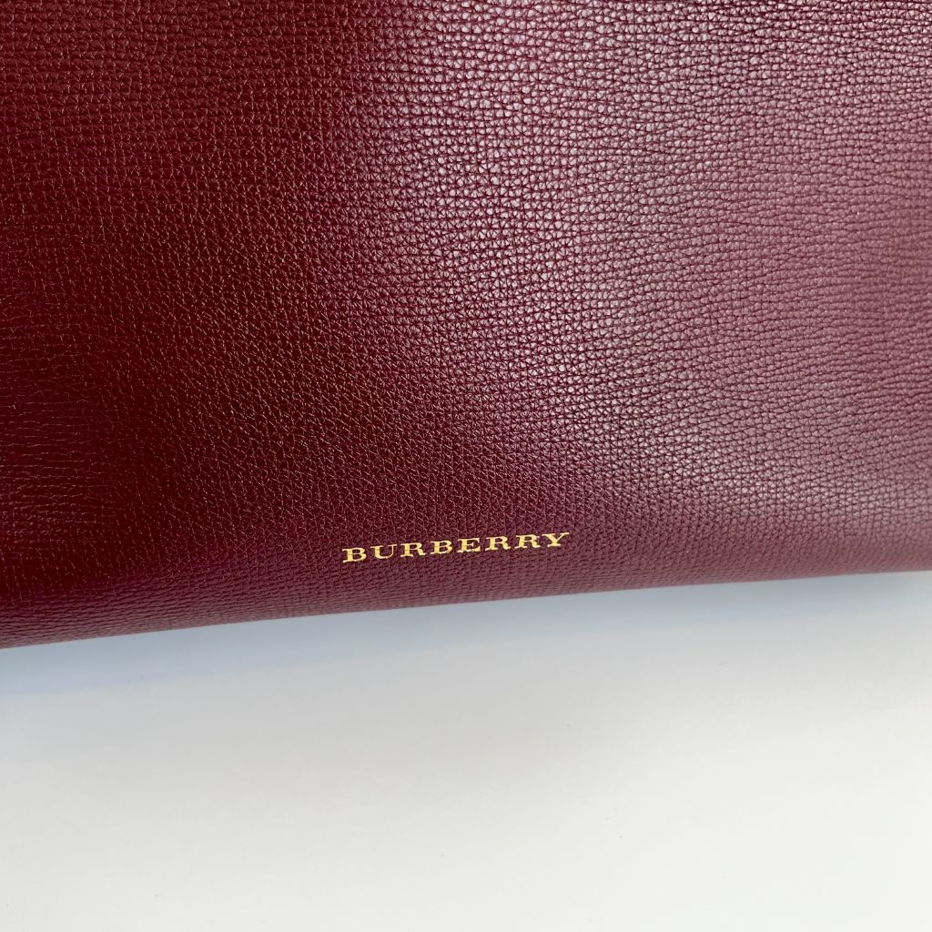 Burberry Burgundy Leather and House Check Canvas Medium Banner Tote