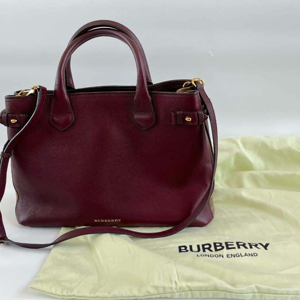 Burberry Burgundy Leather and House Check Canvas Medium Banner Tote