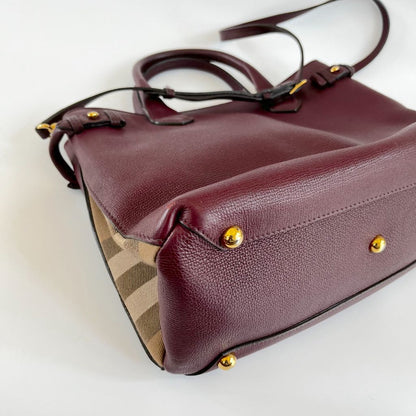 Burberry Burgundy Leather and House Check Canvas Medium Banner Tote